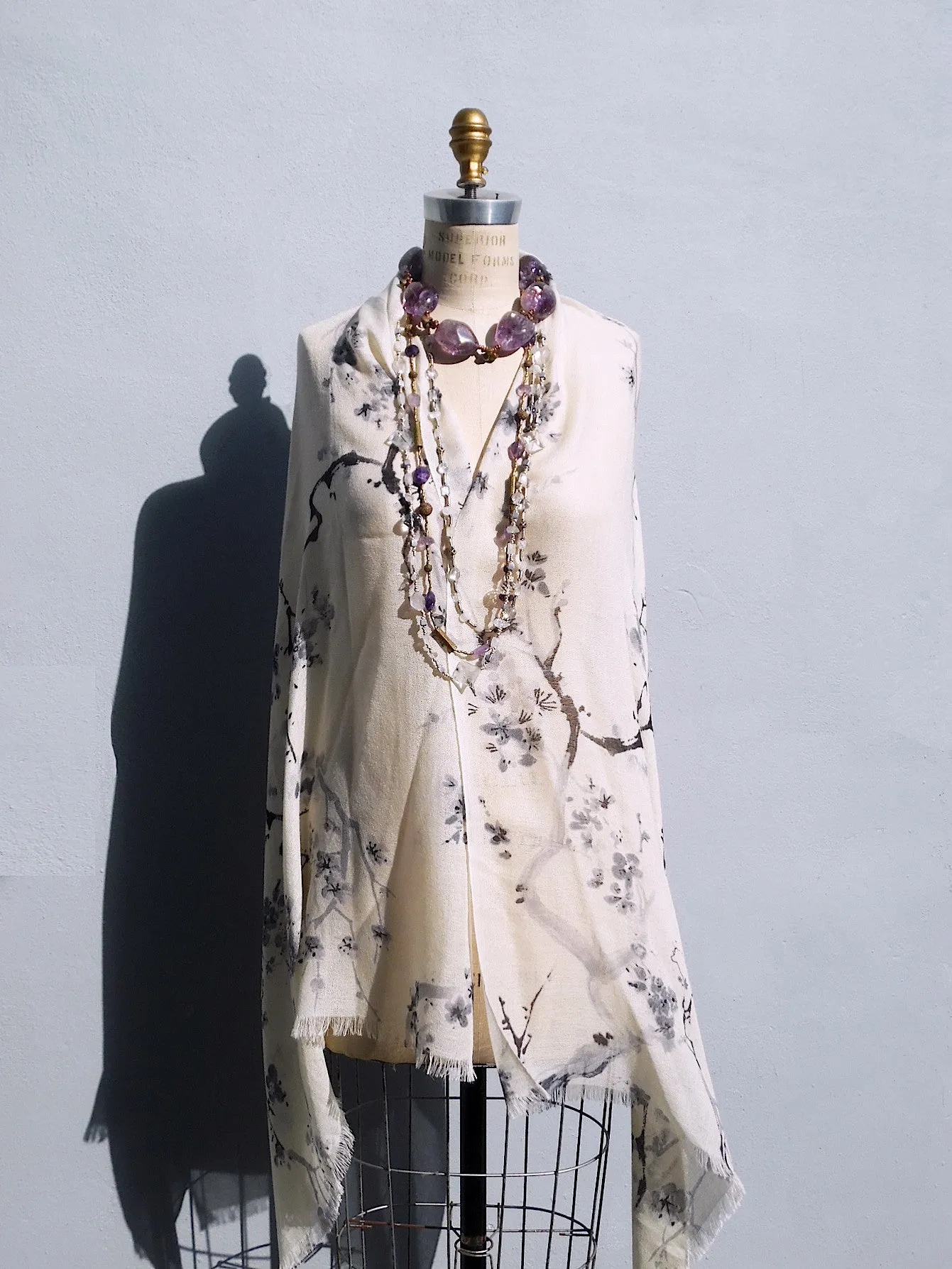 SHAWL SILK AND CASHMERE BLACK AND WHITE CHERRYBLOSSOM