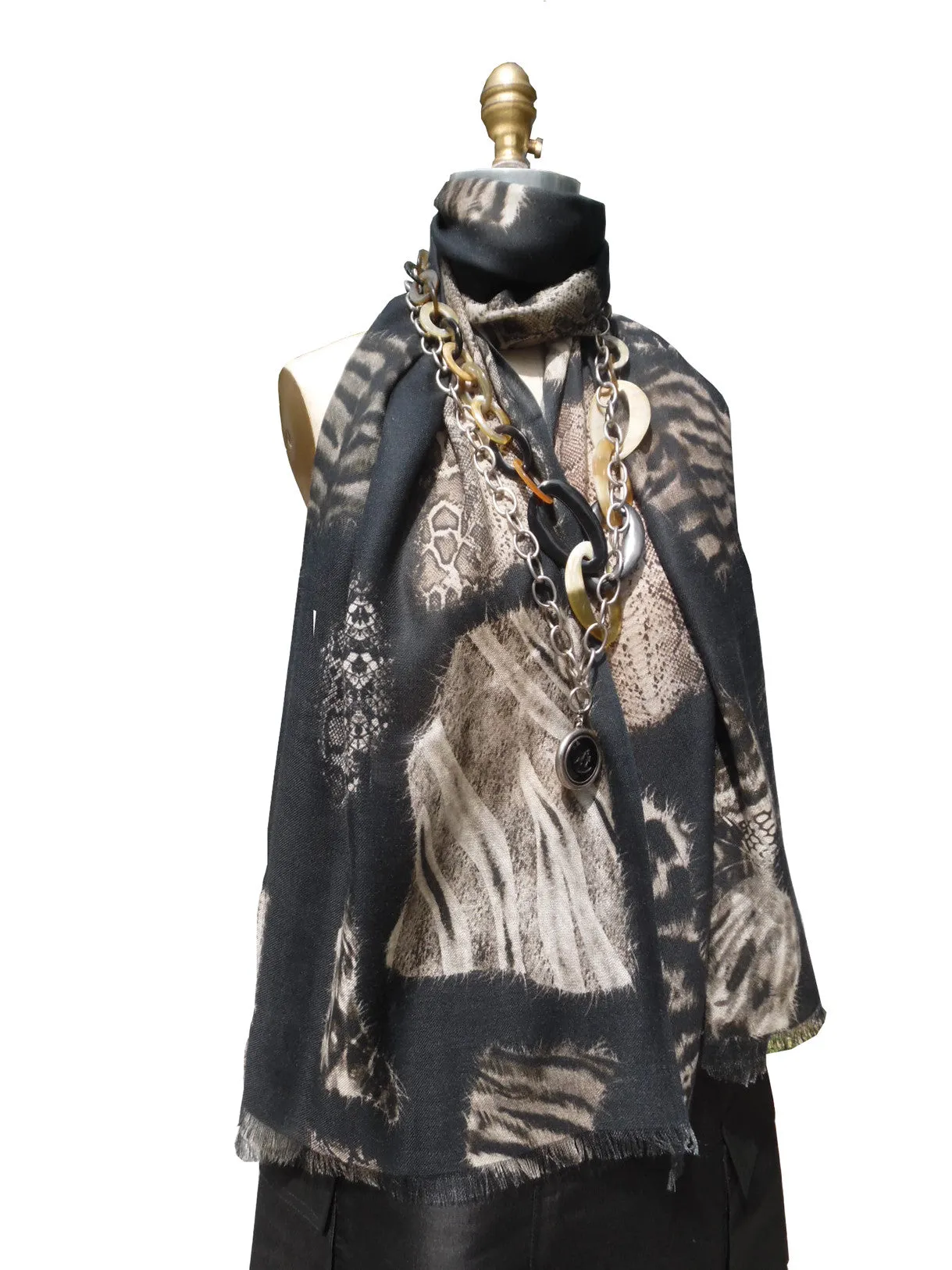 Shawl Silk And Cashmere Mixed Animal Print Black and Beige