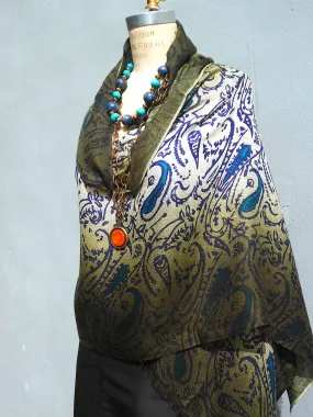 Shawl Silk And Cashmere Paisley Olive Cream Turquoise