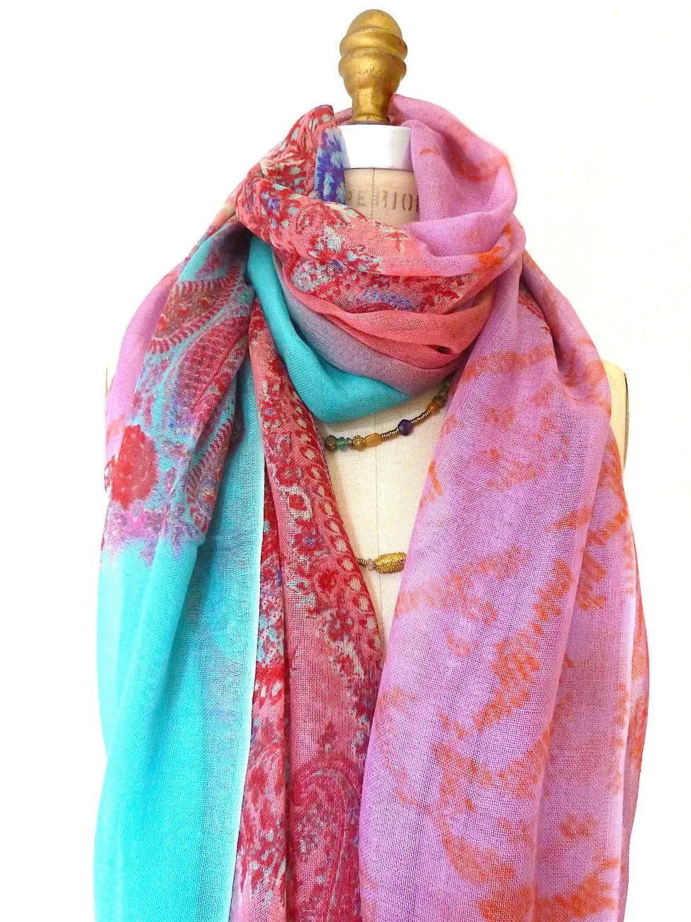 SHAWL SILK AND CASHMERE PAISLEY PINK AND TURQUOISE