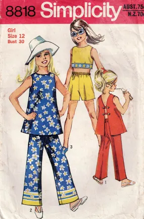 Simplicity 8818 Teen Girls Pants Shorts & Midriff Top 1970s Vintage Sewing Pattern Size 12