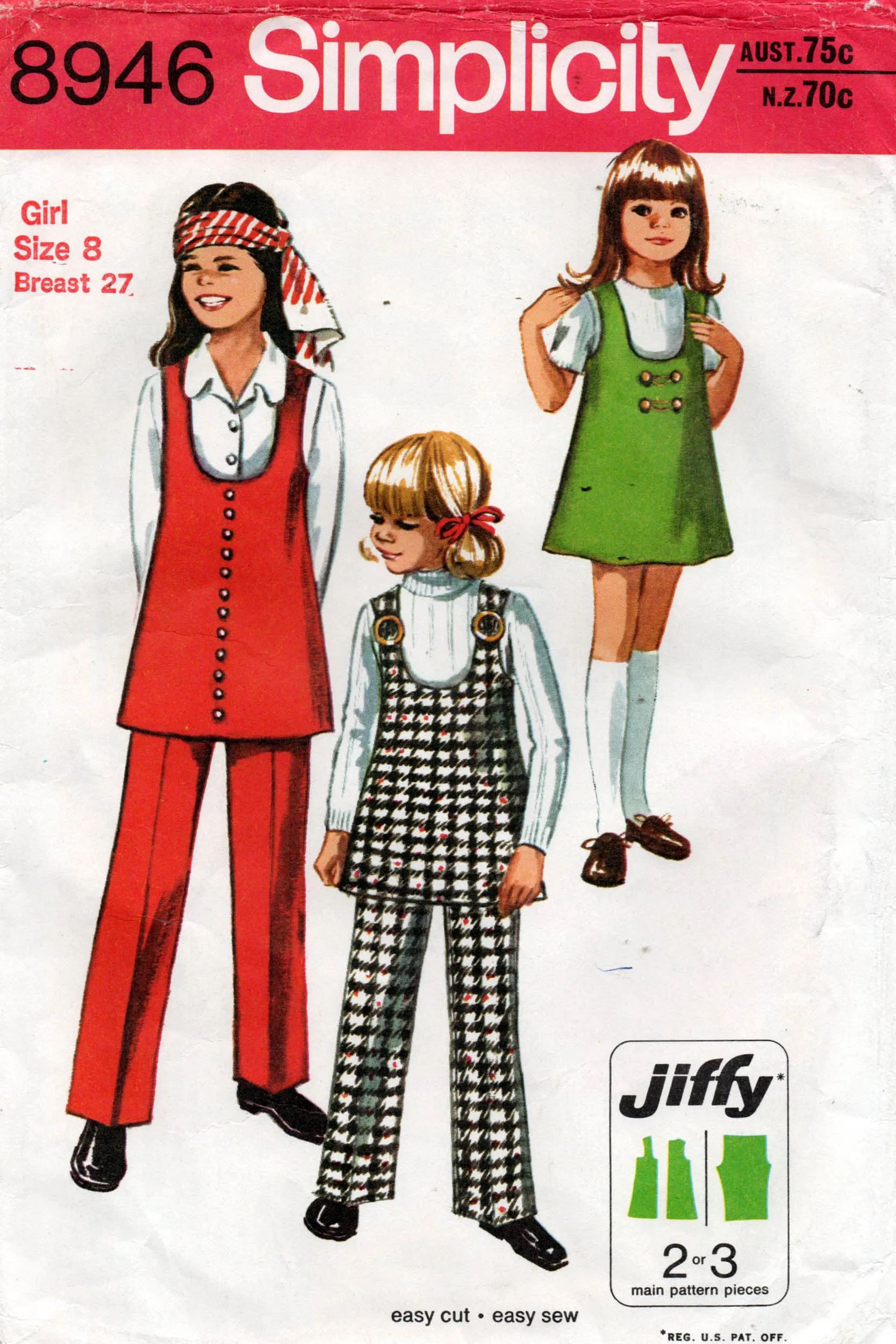 Simplicity 8946 Girls JIFFY Mini Dress Tunic & Pants 1970s Vintage sewing Pattern Size 8