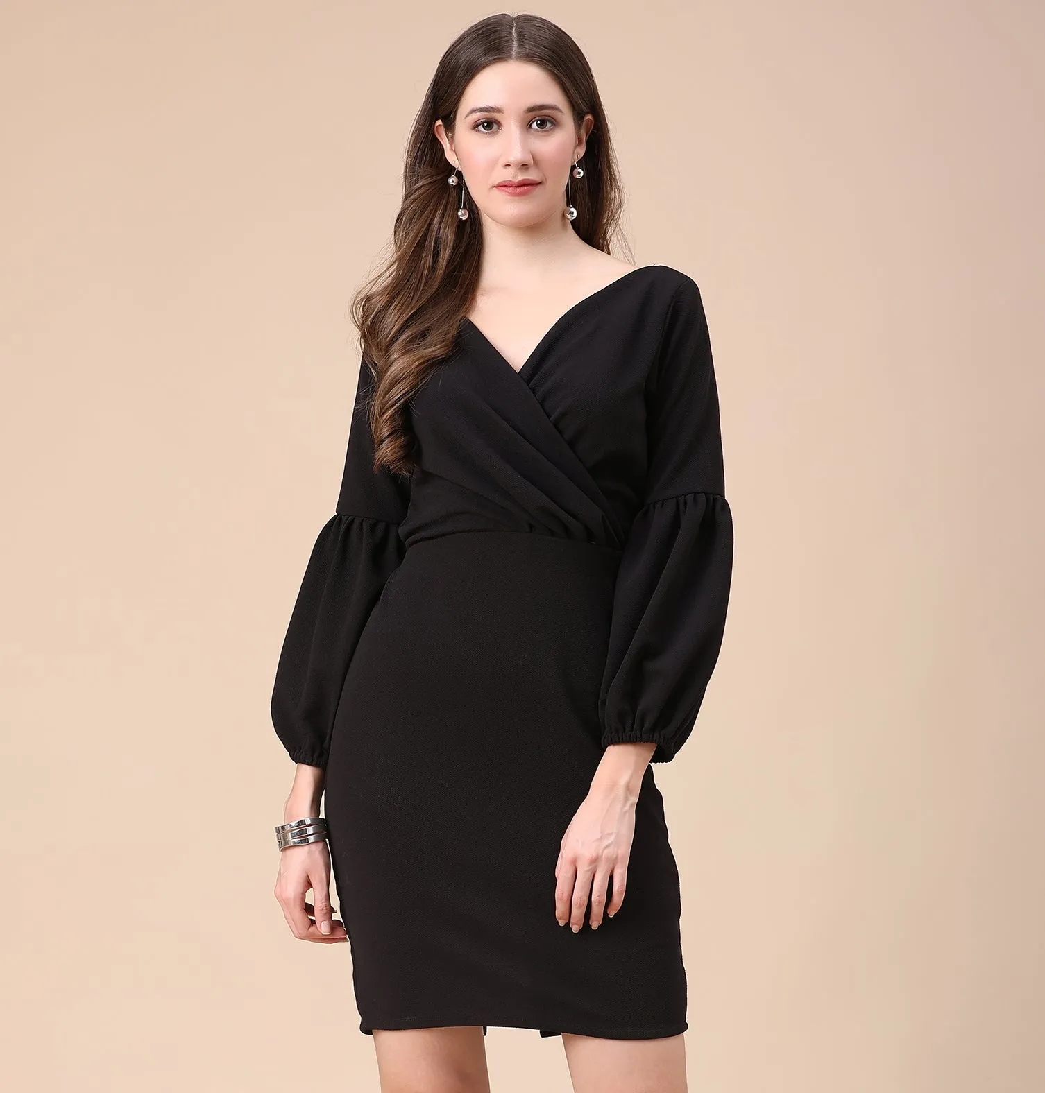 Solid Bodycon Wrap V-Neck Dress