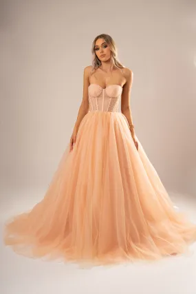 Sparkling peach nude bustier dress for hire