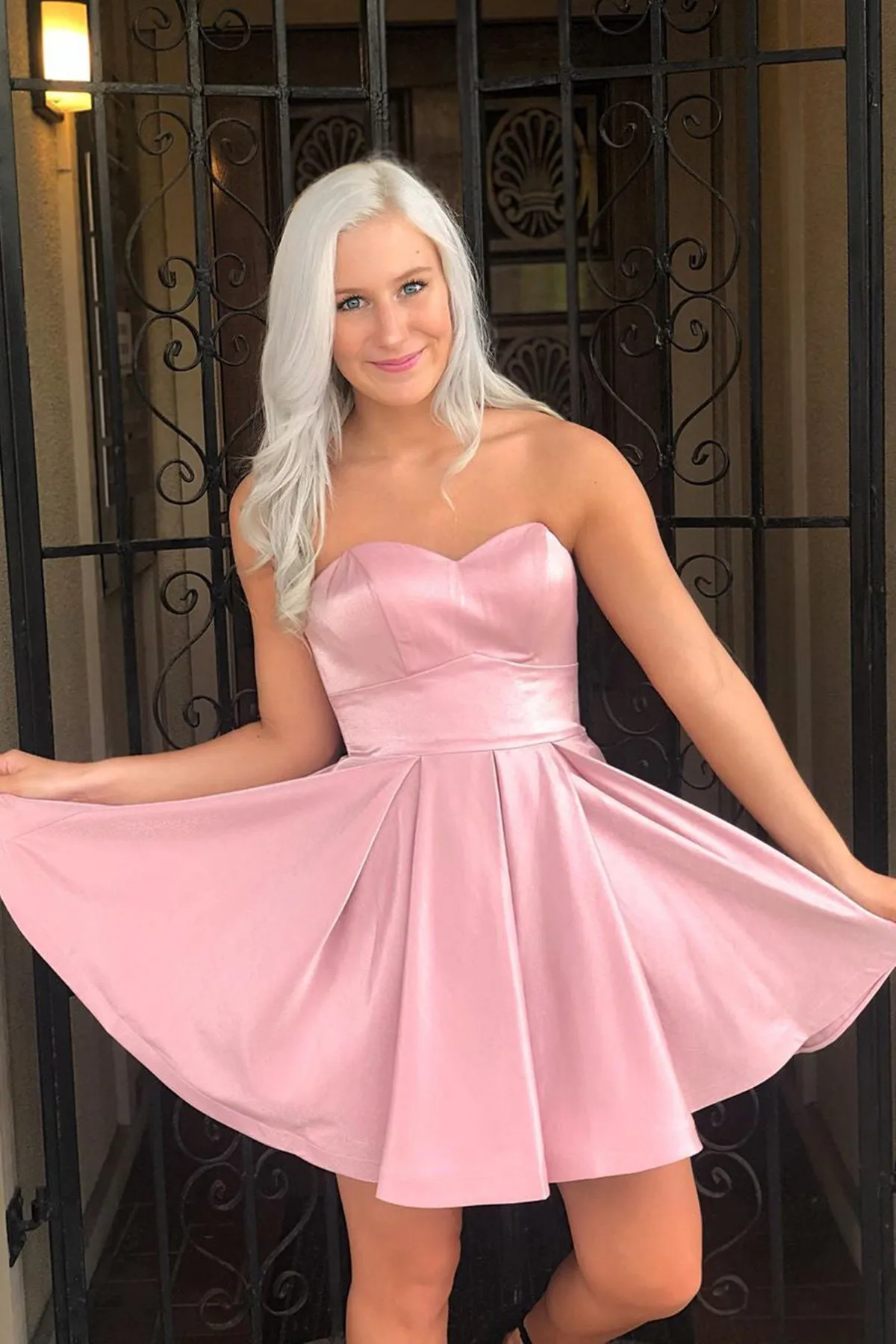 Strapless Pink Satin Short Prom Homecoming Dress, Pink Formal Graduation Evening Dress A1616