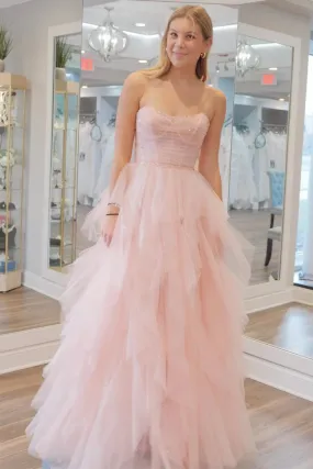 Strapless Sequins Fluffy Pink Long Prom Dress, Pink Formal Dress with Belt, Pink Tulle Evening Dress A2033