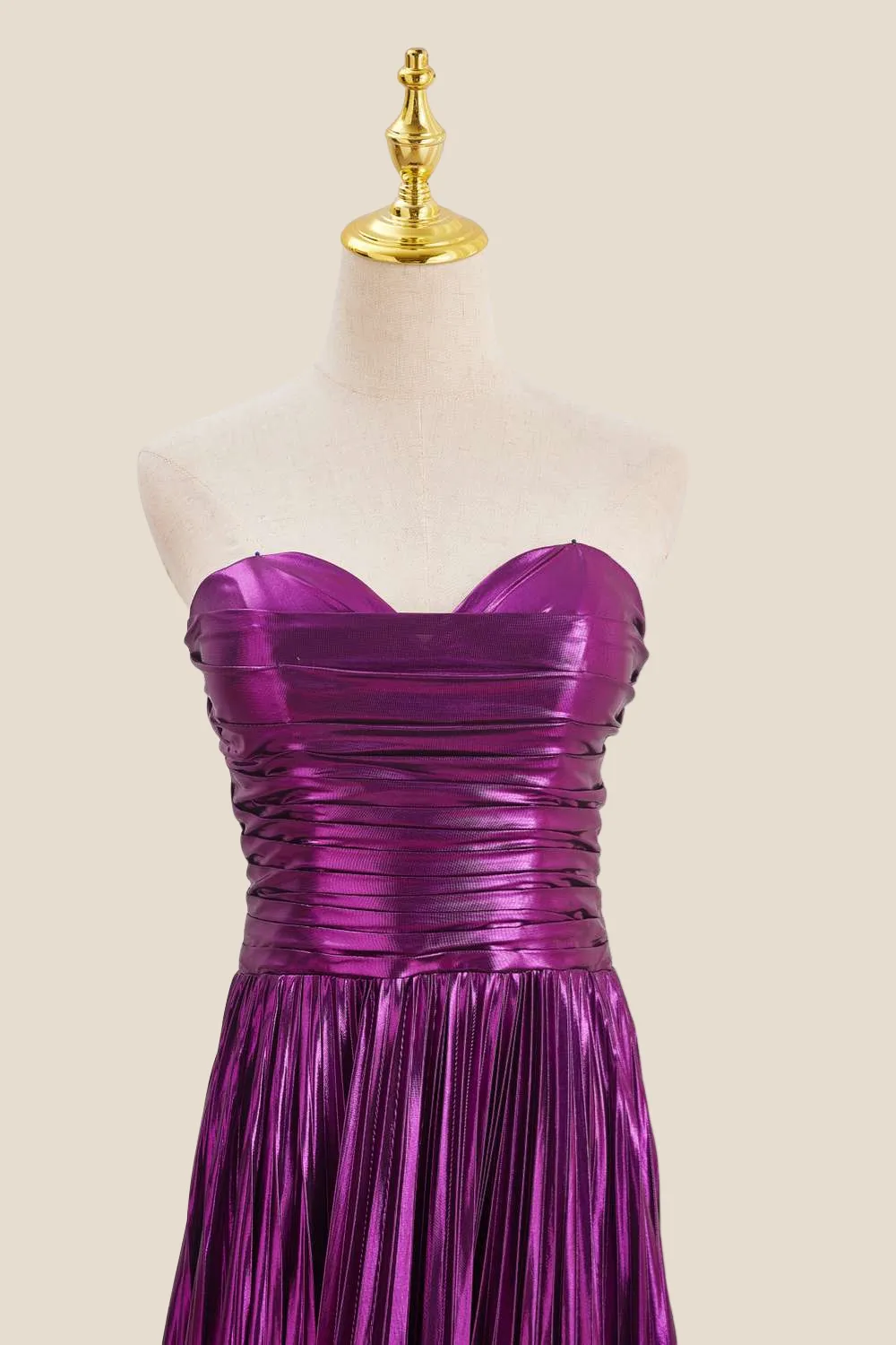 Sweetheart Purple Pleated Metallic Long Dress