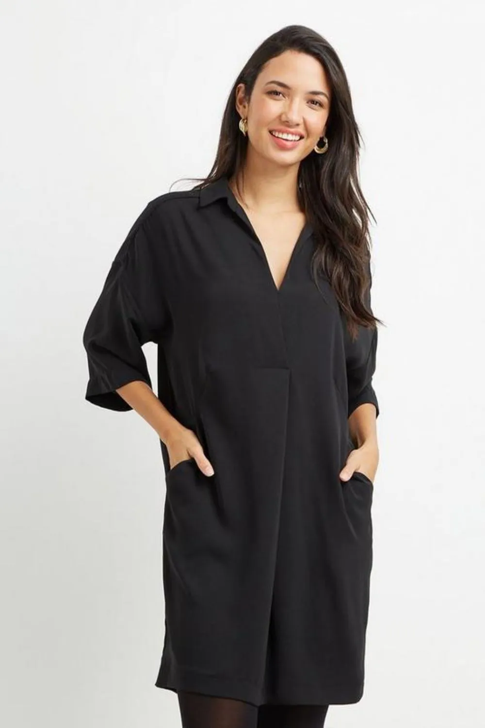 Tall Black Pocket V Neck Shift Dress