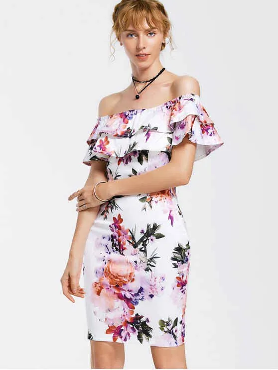 TastyHottie - Stunning Floral Overlay Off Shoulder Bodycon Dress