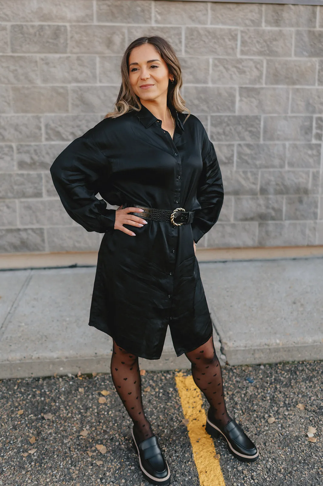 The Francine Satin Shirtdress - Black