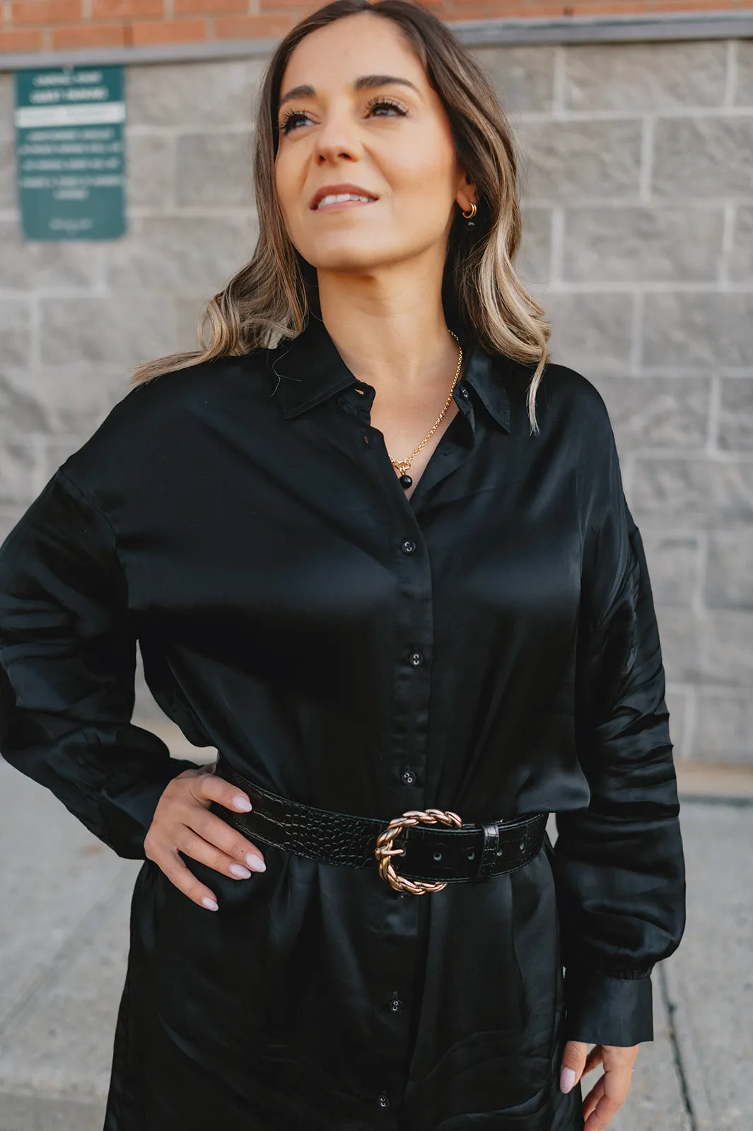 The Francine Satin Shirtdress - Black