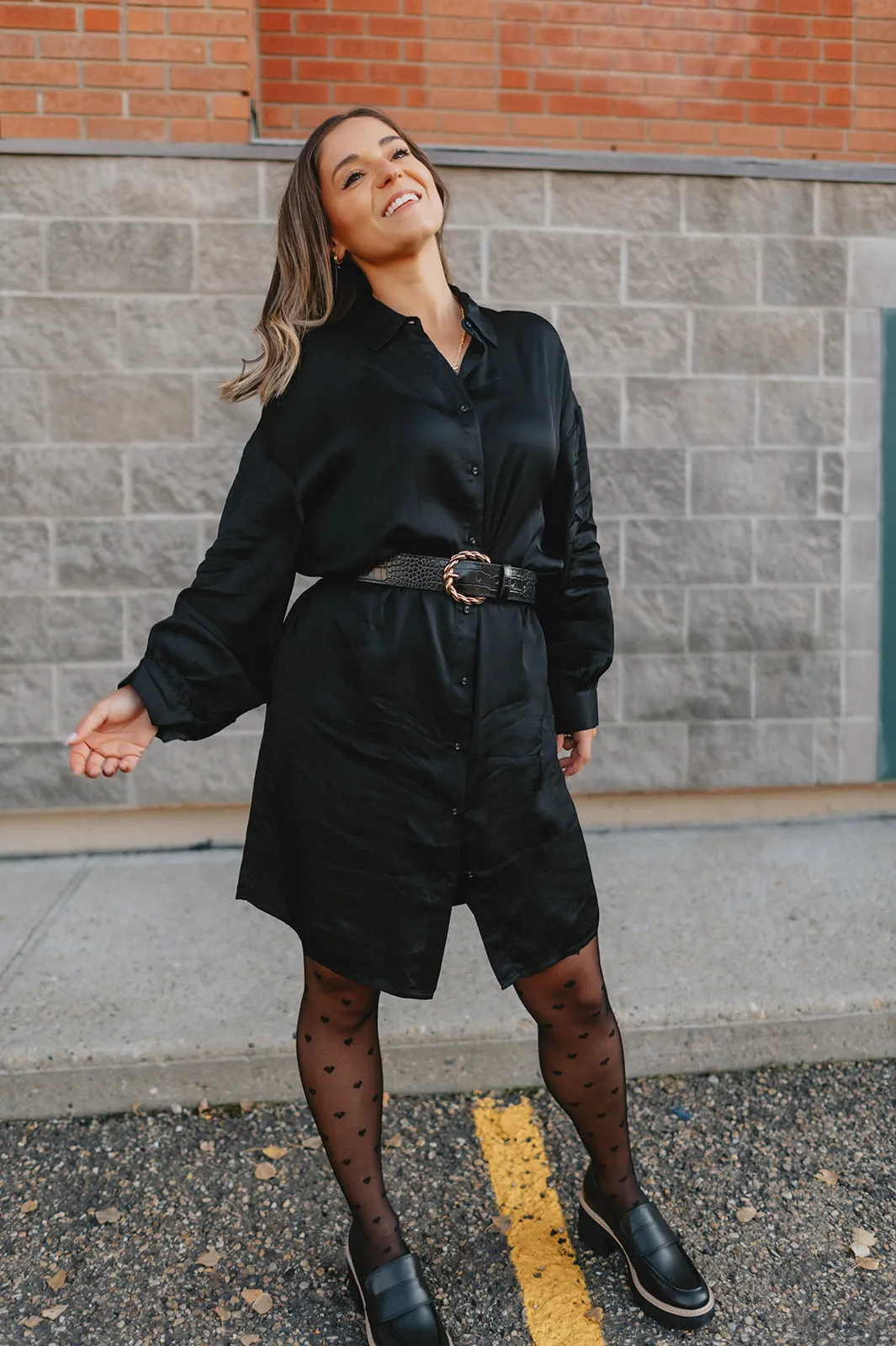 The Francine Satin Shirtdress - Black