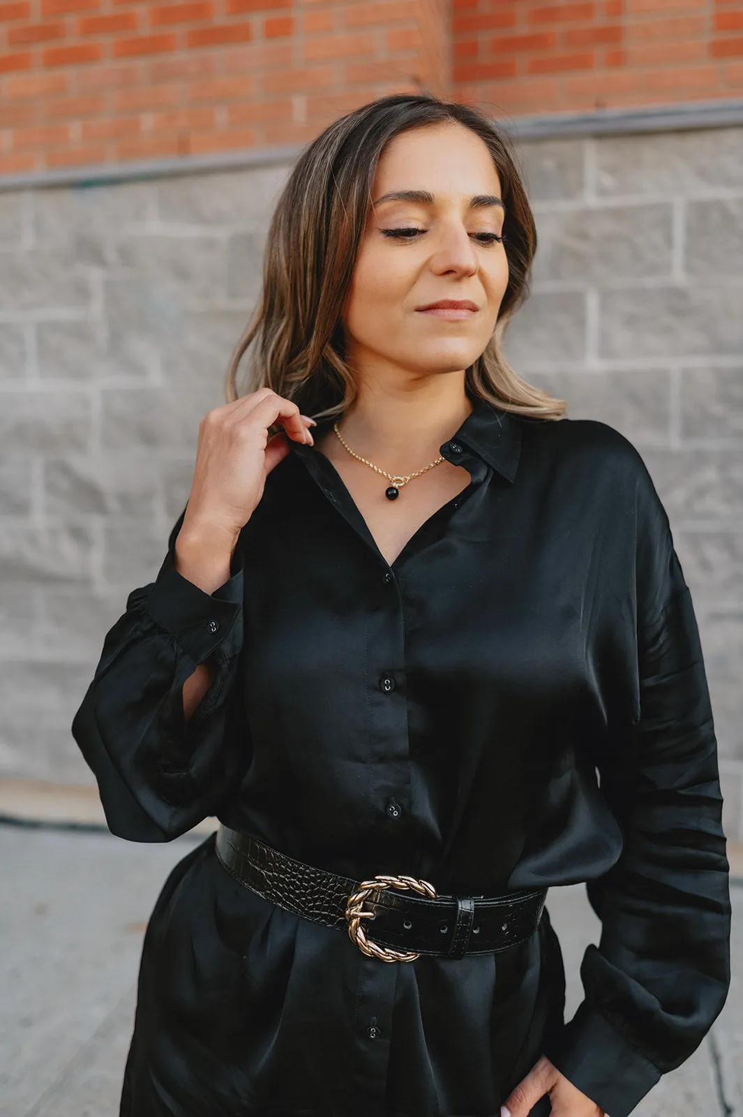 The Francine Satin Shirtdress - Black