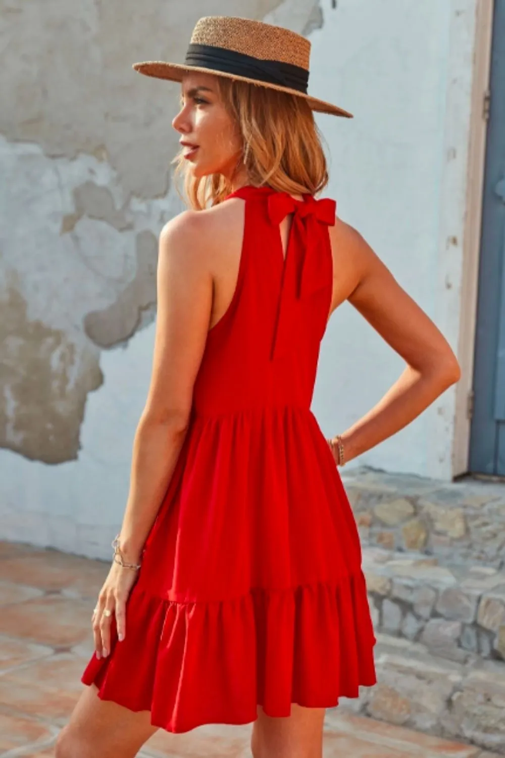 Tie Back Ruffle Hem Halter Smock Dress