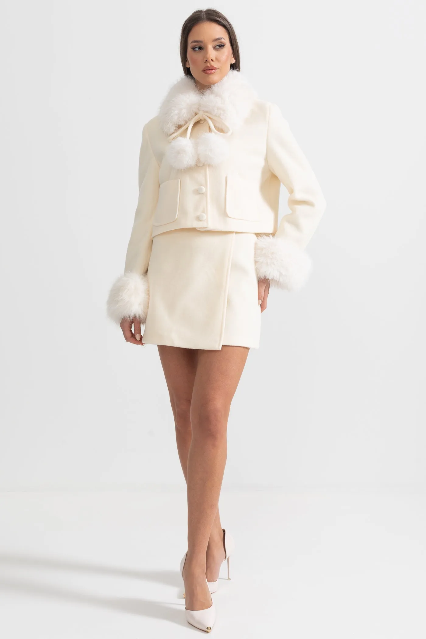 Two-Piece Ensemble With Fur-Trimmed Jacket And Matching Skirt - Beige