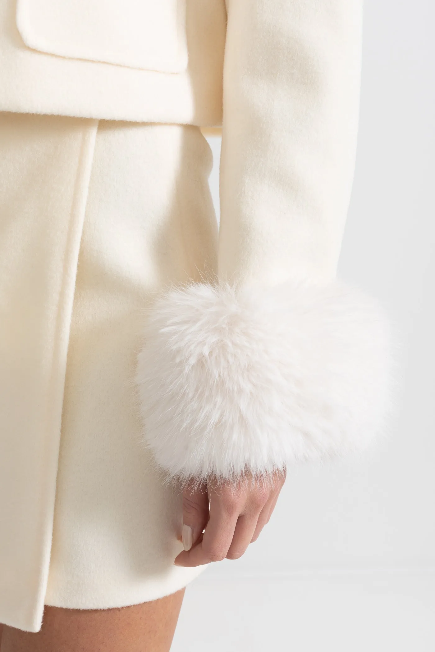 Two-Piece Ensemble With Fur-Trimmed Jacket And Matching Skirt - Beige