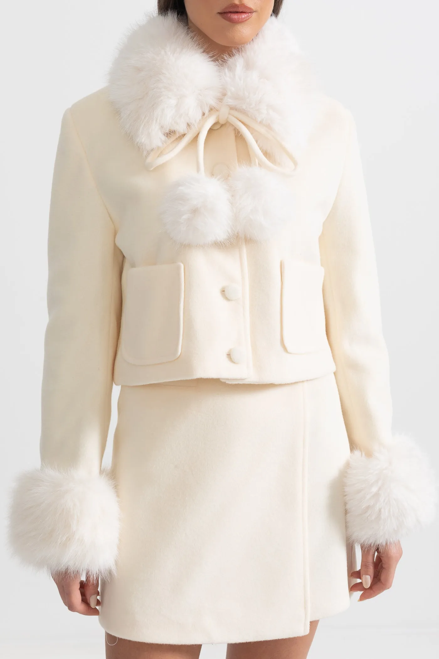 Two-Piece Ensemble With Fur-Trimmed Jacket And Matching Skirt - Beige