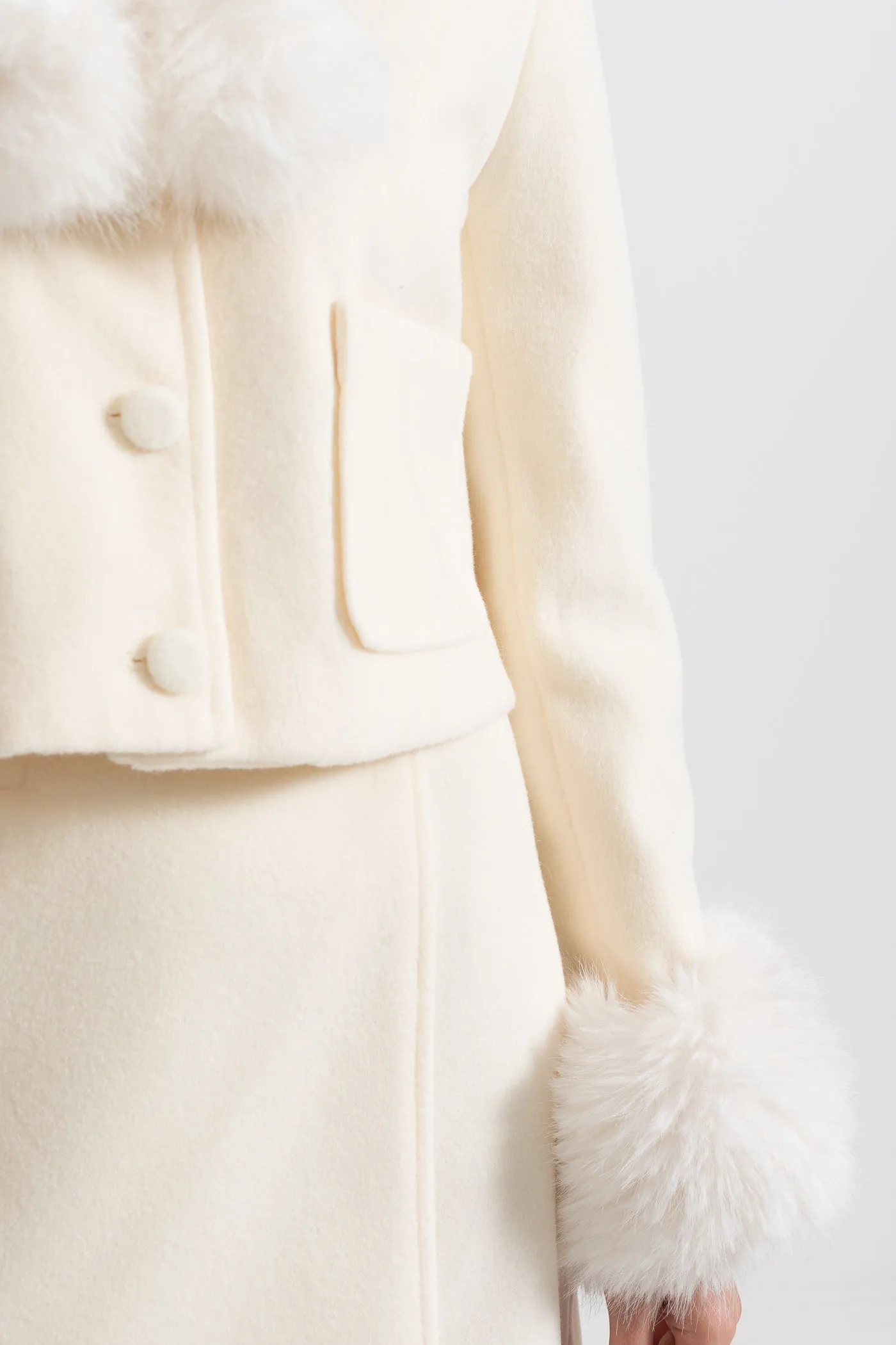 Two-Piece Ensemble With Fur-Trimmed Jacket And Matching Skirt - Beige