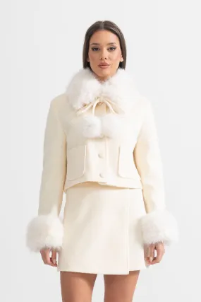 Two-Piece Ensemble With Fur-Trimmed Jacket And Matching Skirt - Beige