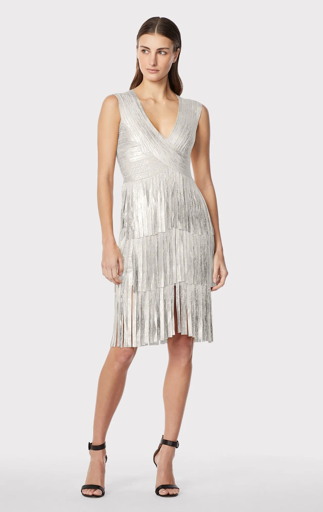 V NECK FOIL FRINGED MIDI DRESS