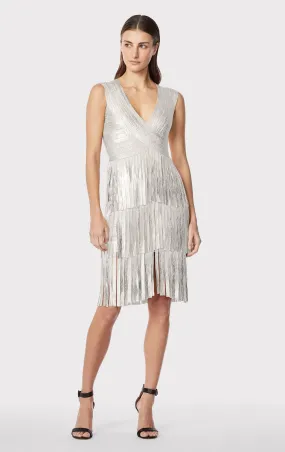 V NECK FOIL FRINGED MIDI DRESS