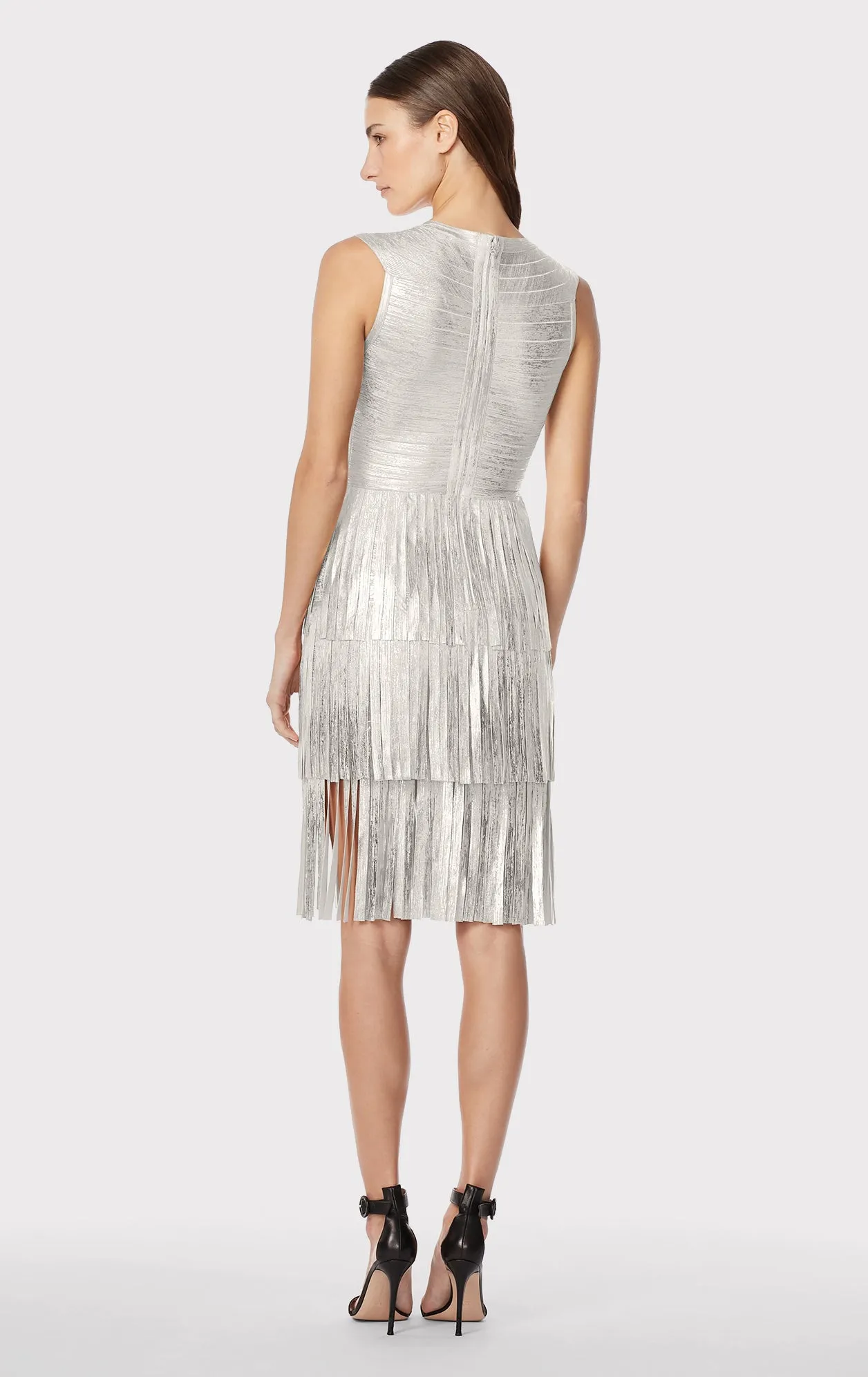 V NECK FOIL FRINGED MIDI DRESS