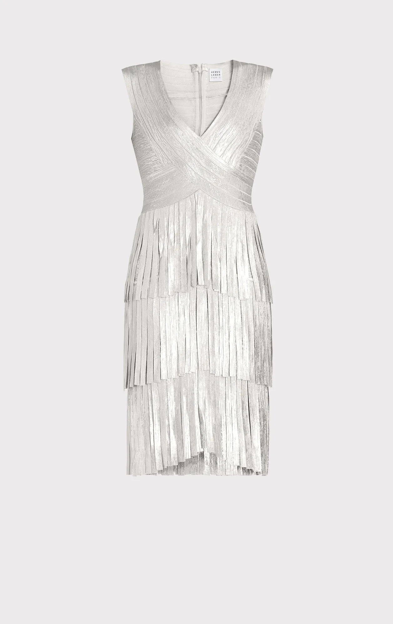 V NECK FOIL FRINGED MIDI DRESS