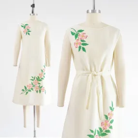 Vintage 60s Off White Floral Hand Painted Sleeveless Shift Dress with Tie Belt size Small