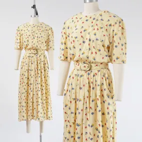 Vintage 90s Yellow Flower Pot Novelty Print Dress with Pockets and Belt S M