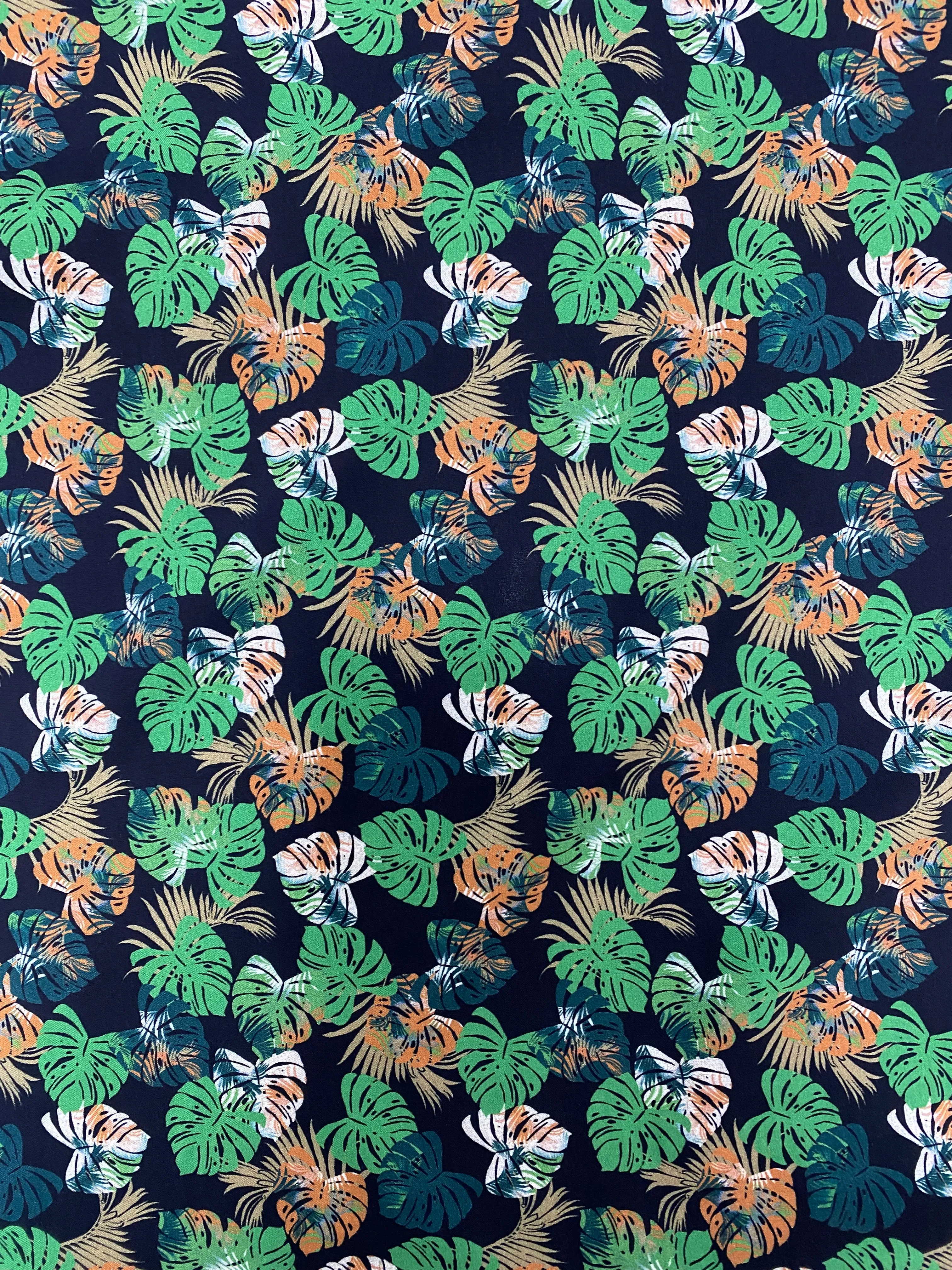 Viscose Challis - Black and Green Tropical