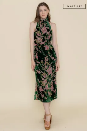 Waitlist 12/5 ♥ Kayla Sleeveless Mock Neck Velvet Floral Print Midi Dress Green