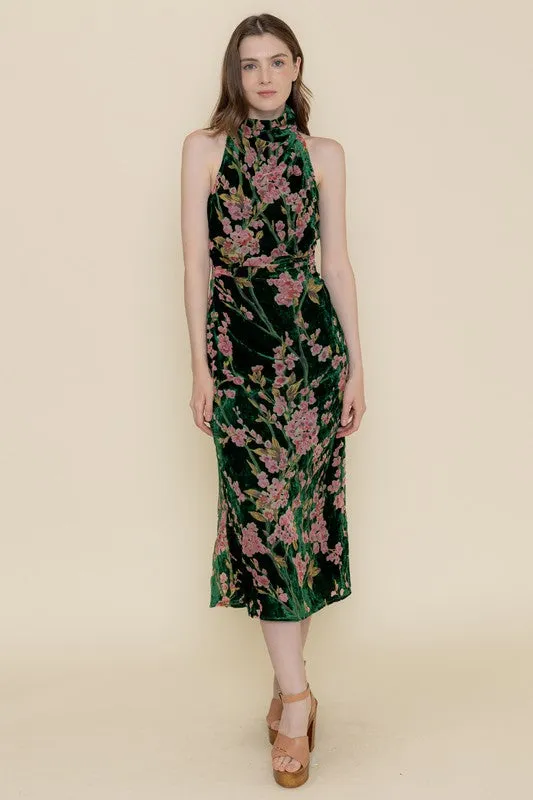 Waitlist 12/5 ♥ Kayla Sleeveless Mock Neck Velvet Floral Print Midi Dress Green