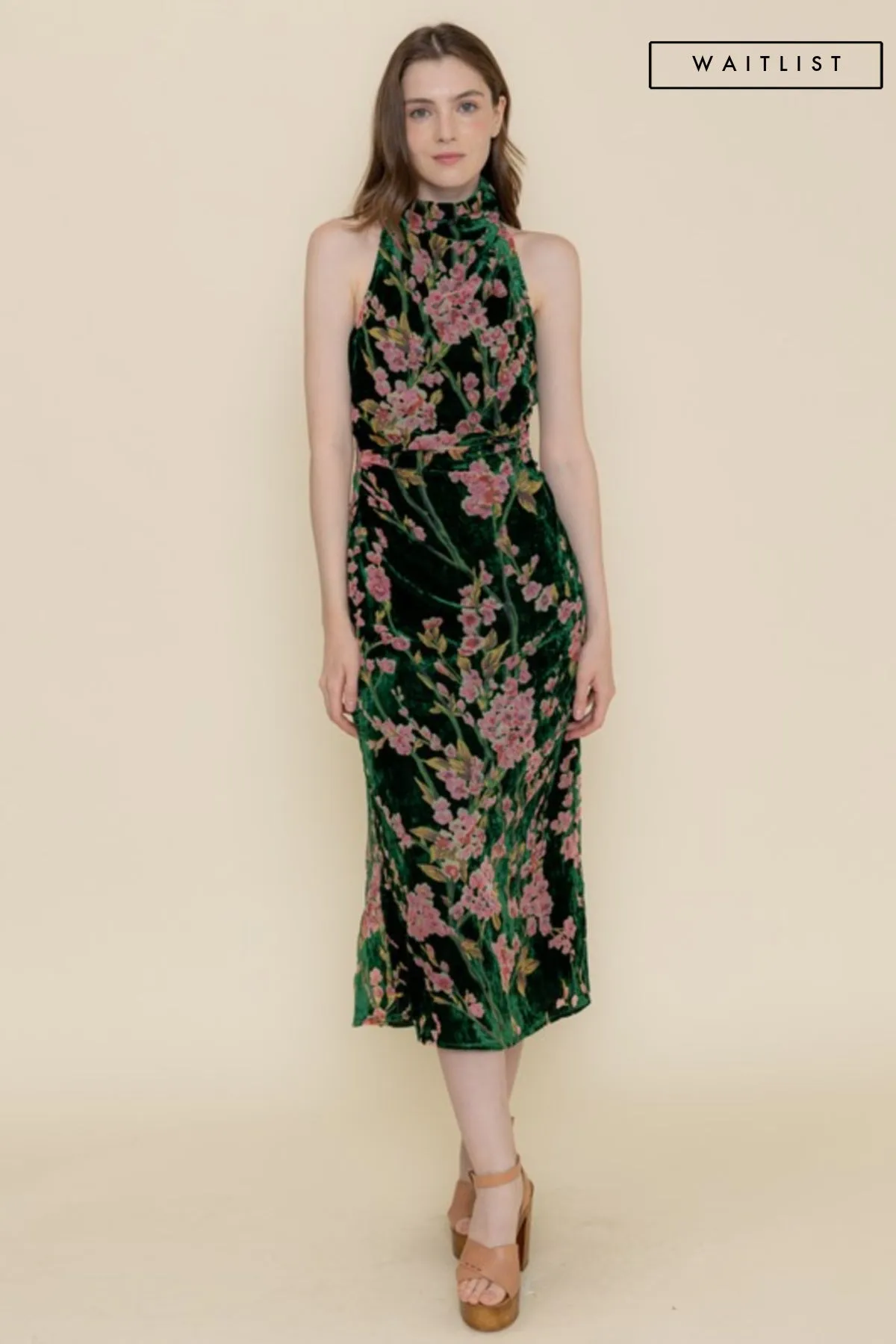 Waitlist 12/5 ♥ Kayla Sleeveless Mock Neck Velvet Floral Print Midi Dress Green