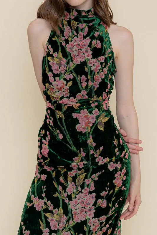 Waitlist 12/5 ♥ Kayla Sleeveless Mock Neck Velvet Floral Print Midi Dress Green