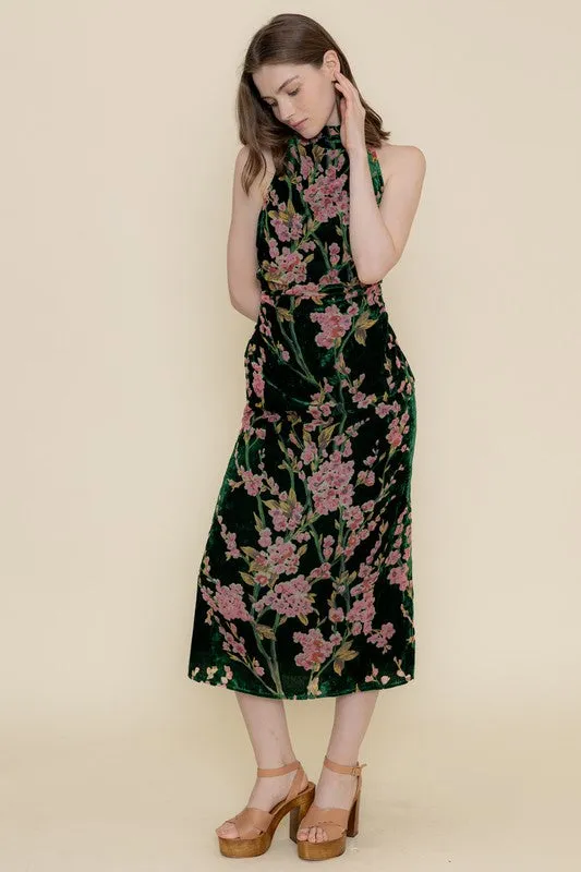 Waitlist 12/5 ♥ Kayla Sleeveless Mock Neck Velvet Floral Print Midi Dress Green