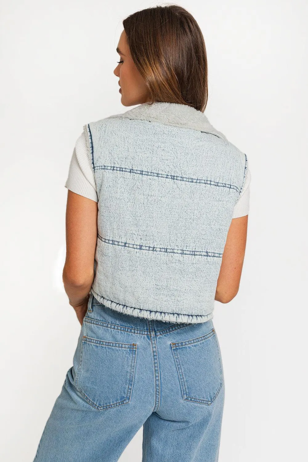 Washed Denim Fleece Cropped Puffer Vest Jacket