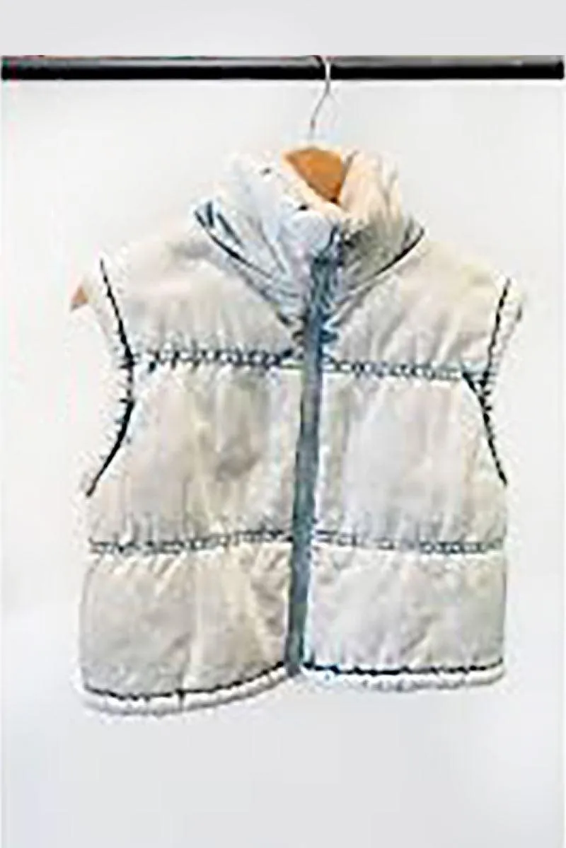 Washed Denim Fleece Cropped Puffer Vest Jacket