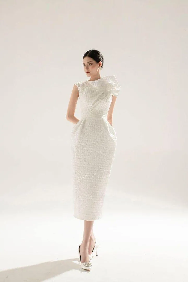 White brocade midi asymetric dress-FAE