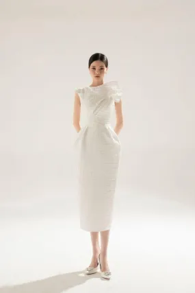 White brocade midi asymetric dress-FAE