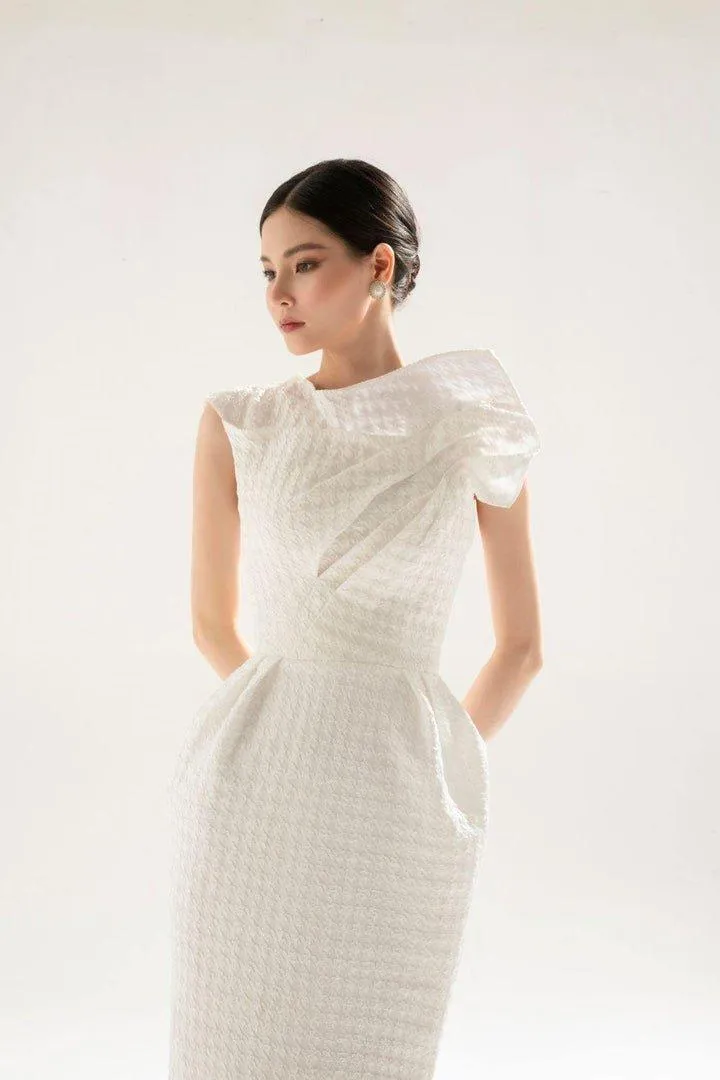 White brocade midi asymetric dress-FAE