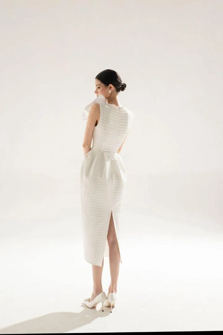 White brocade midi asymetric dress-FAE