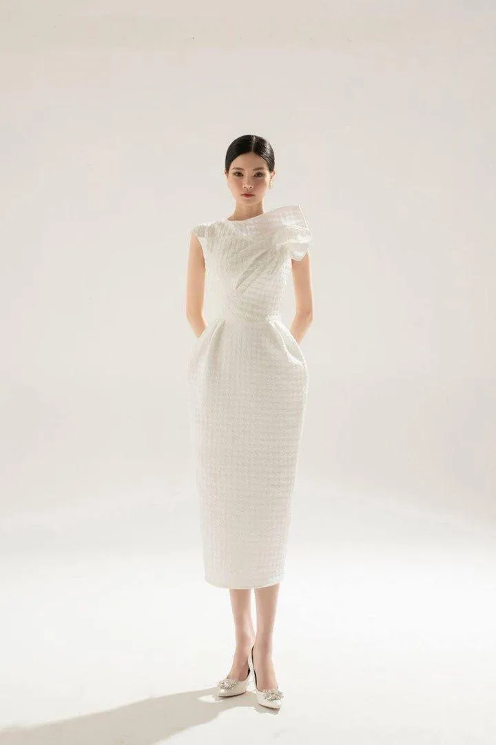 White brocade midi asymetric dress-FAE