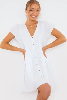 White Button Front Frill Mini Dress