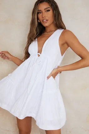 White Plunge Neck Sleeveless Dress