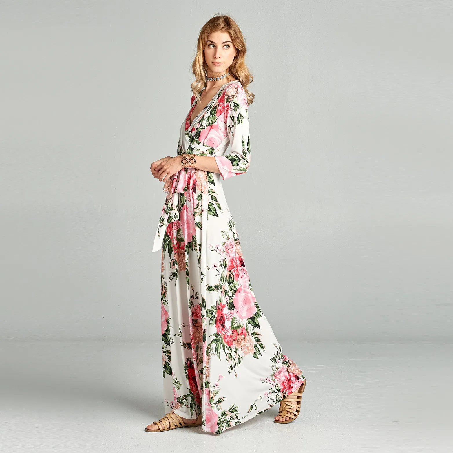 White Rosy Garden Venechia Maxi Wrap Dress