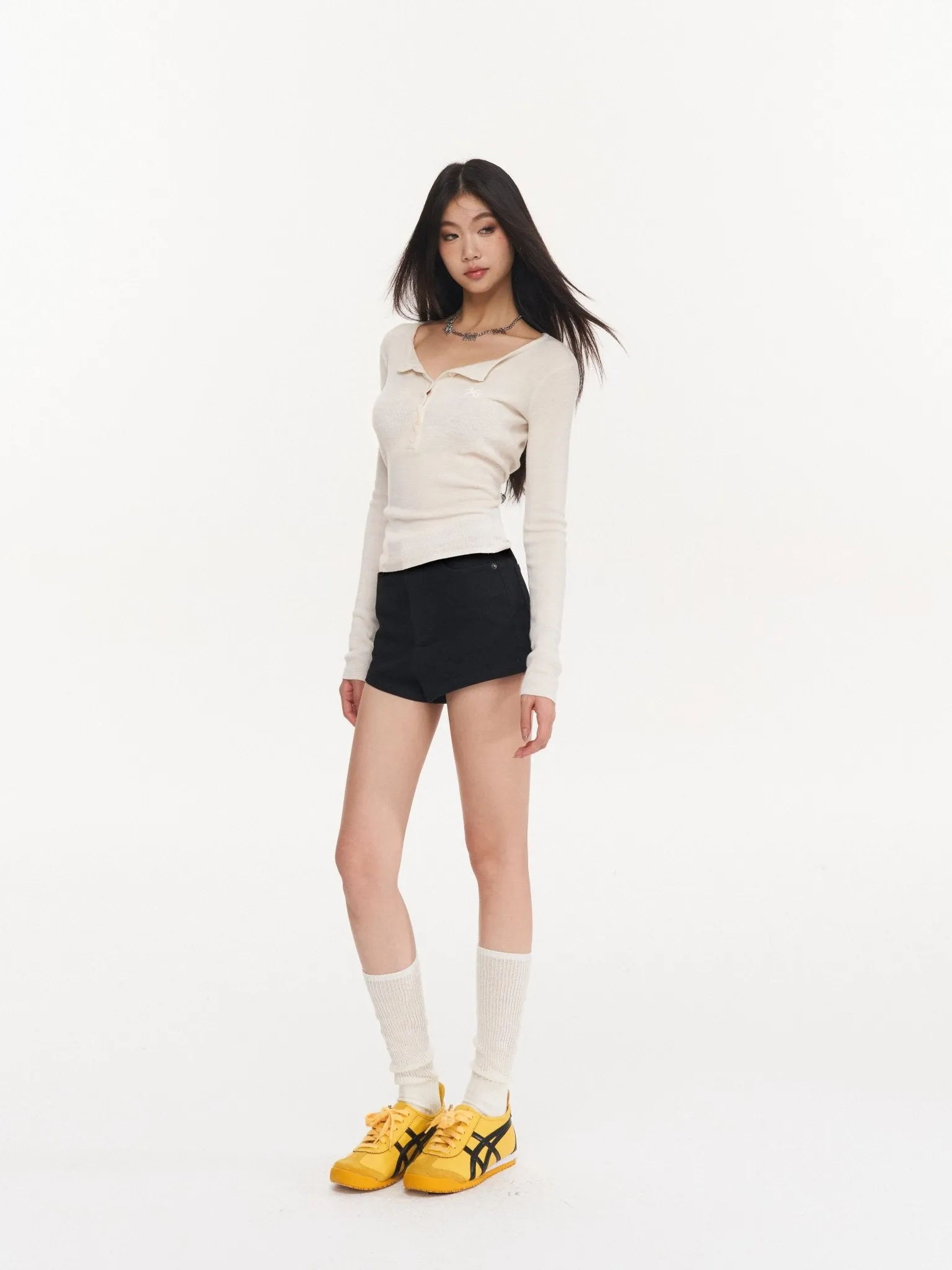 White Twisted Henley Collar Knitwear Top