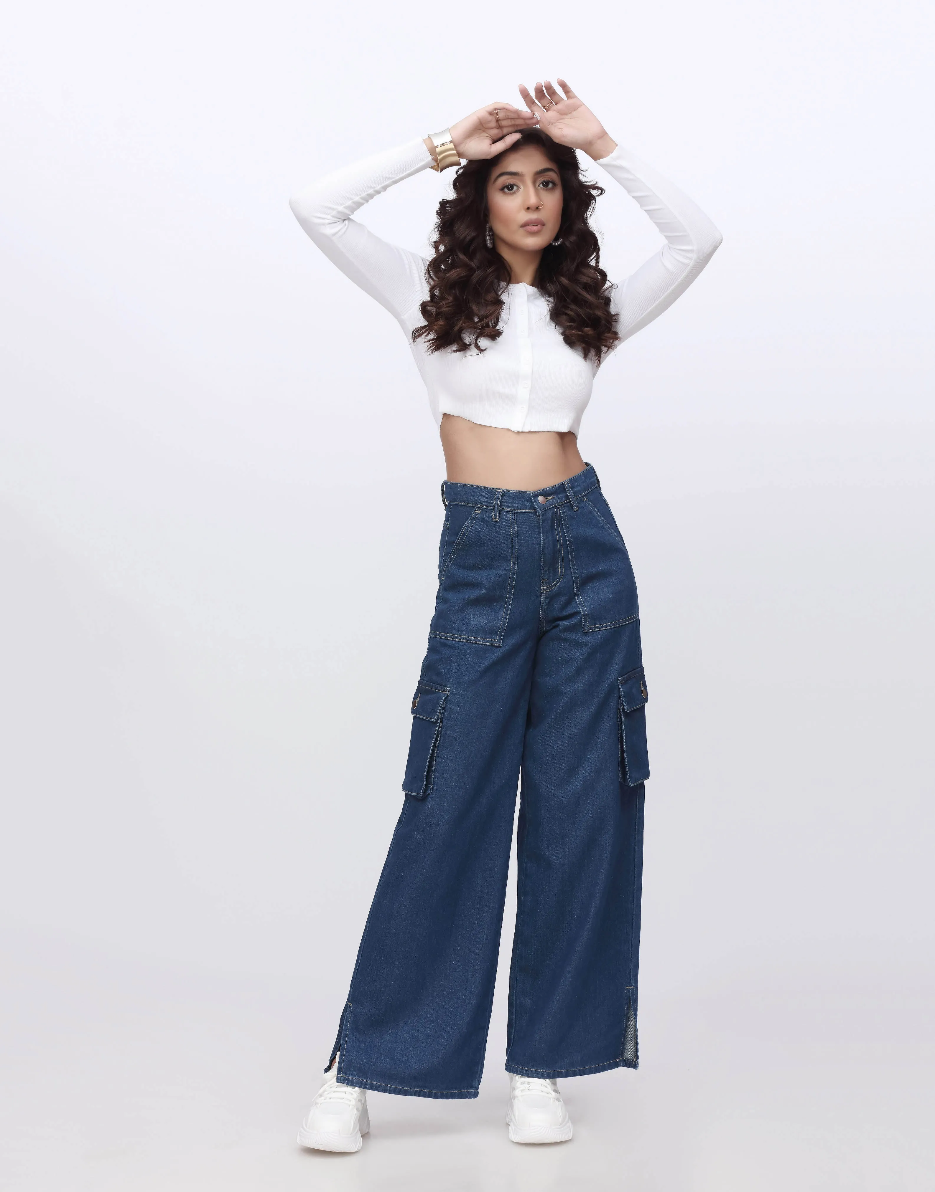 Wide Leg Cargo Slit Dark Blue