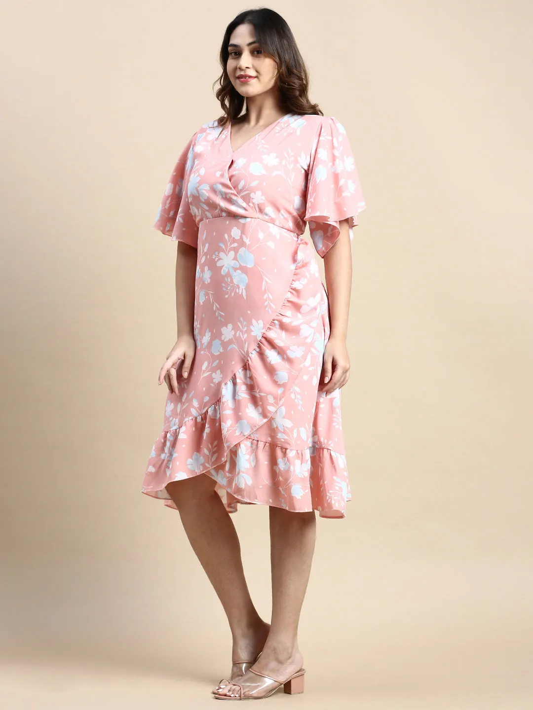 Women Flared Peach Floral Wrap Dress