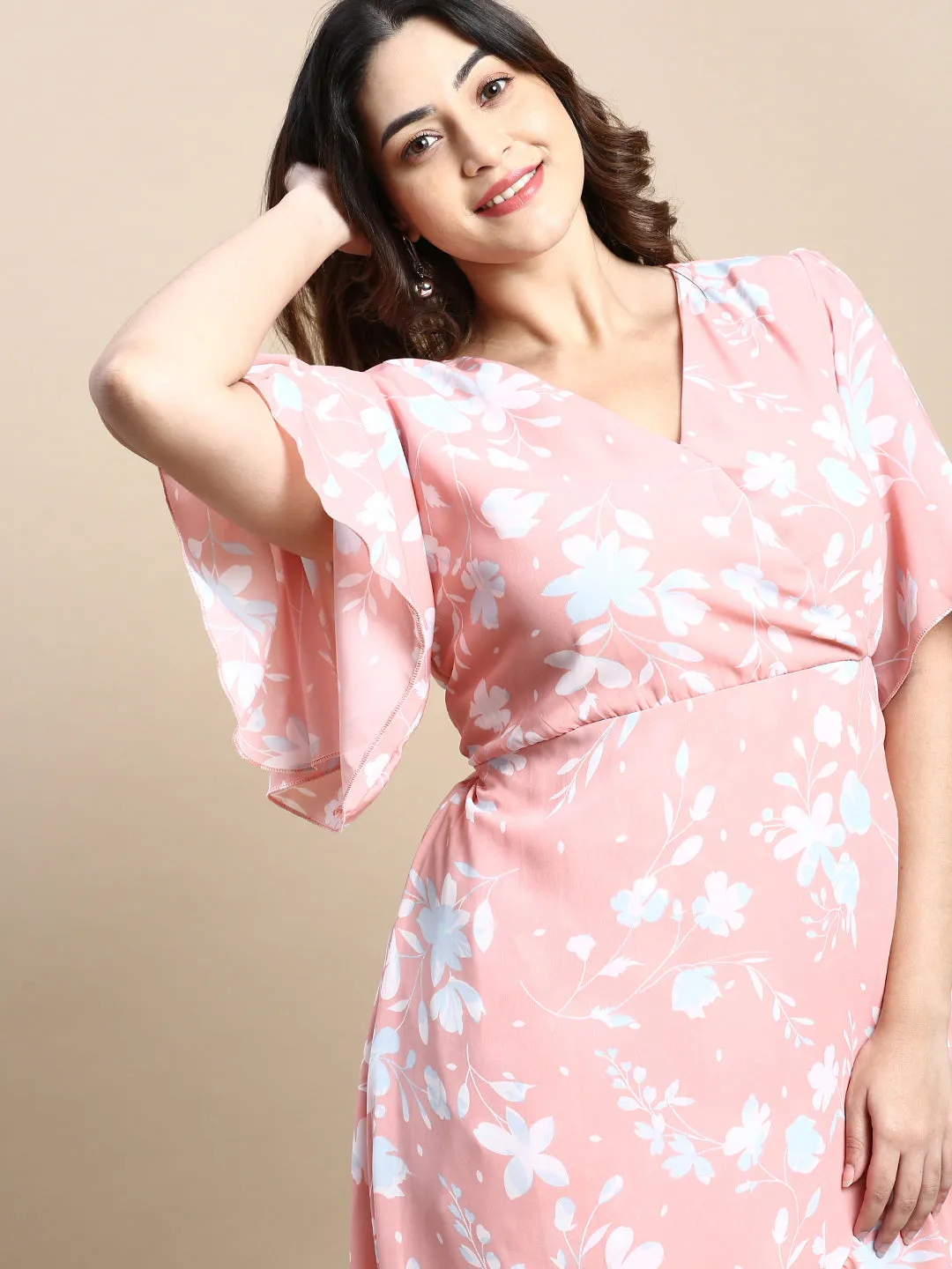 Women Flared Peach Floral Wrap Dress