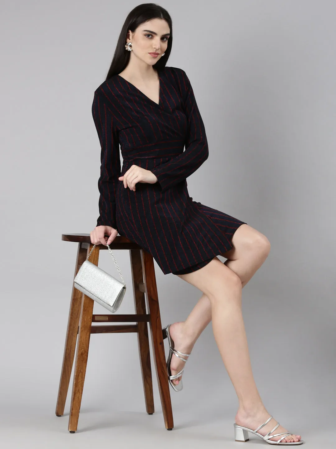 Women Navy Blue Striped Wrap Dress